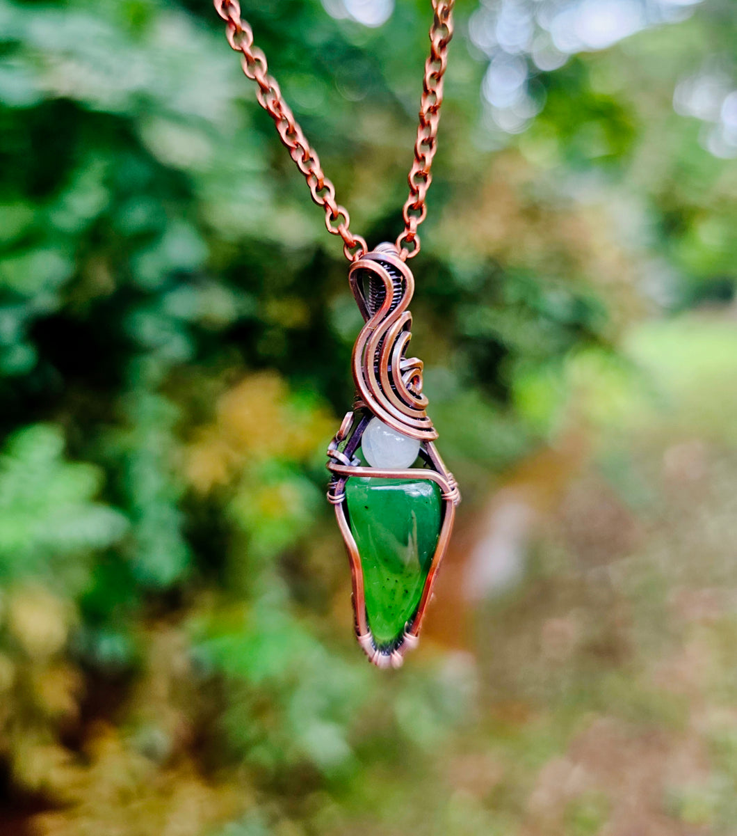 Green Jadeite Gemstone with a Round Moonstone Pendant Wrapped in Copper
