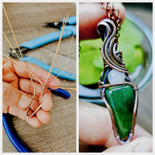 Load image into Gallery viewer, Green Jadeite Gemstone with a Round Moonstone Pendant Wrapped in Copper
