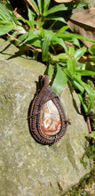 Load image into Gallery viewer, Copper Swirl Wire Weave Teardrop Crazy Lace Agate Pendant
