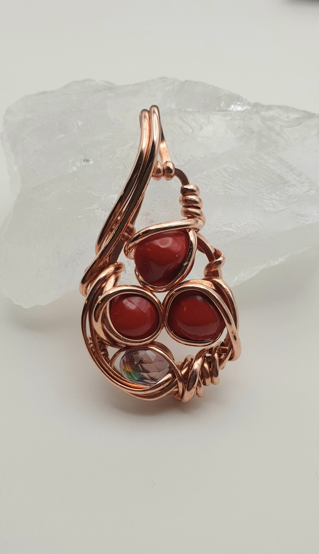 Rich Red Natural Saga Seeds Adorned with Aurora Opal Doublet Pendant