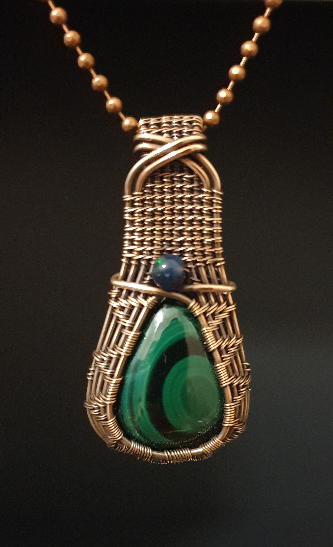 Elegant Natural Green Malachite and Black Opal Bead Wirewrapped Pendant