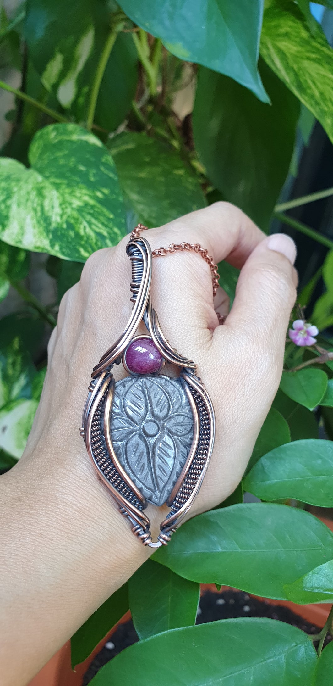 Silversheen Obsidian Mughal Carving Cabochon & Star Ruby Wire Wrapped in Pure Copper Wire Pendant