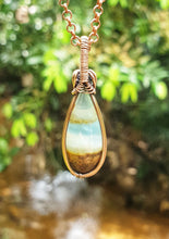 Load image into Gallery viewer, Lemurian Aquatine Calcite Dew Drop Cabochon Wire Wrapped Pendant
