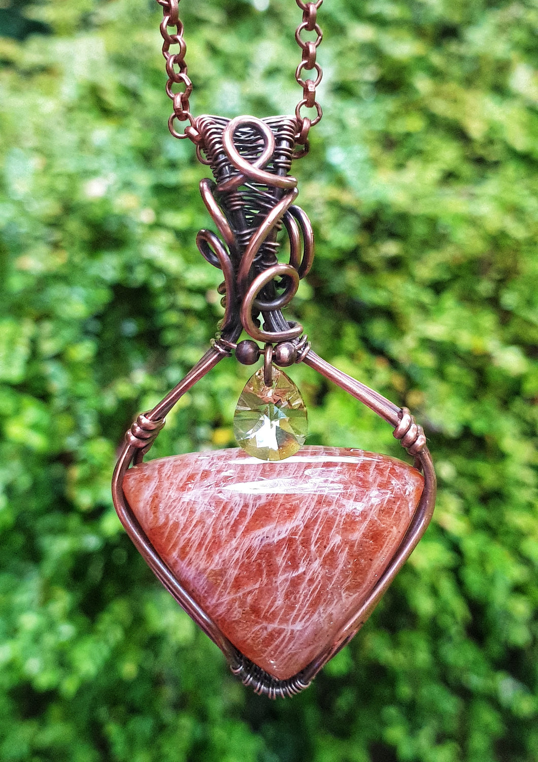 Curved Triangular Shape Orange Confetti Sunstone Gemstone with a Dangling Swarovski Crystal Bead Wrapped in Pure Copper Wire Pendant/Necklace