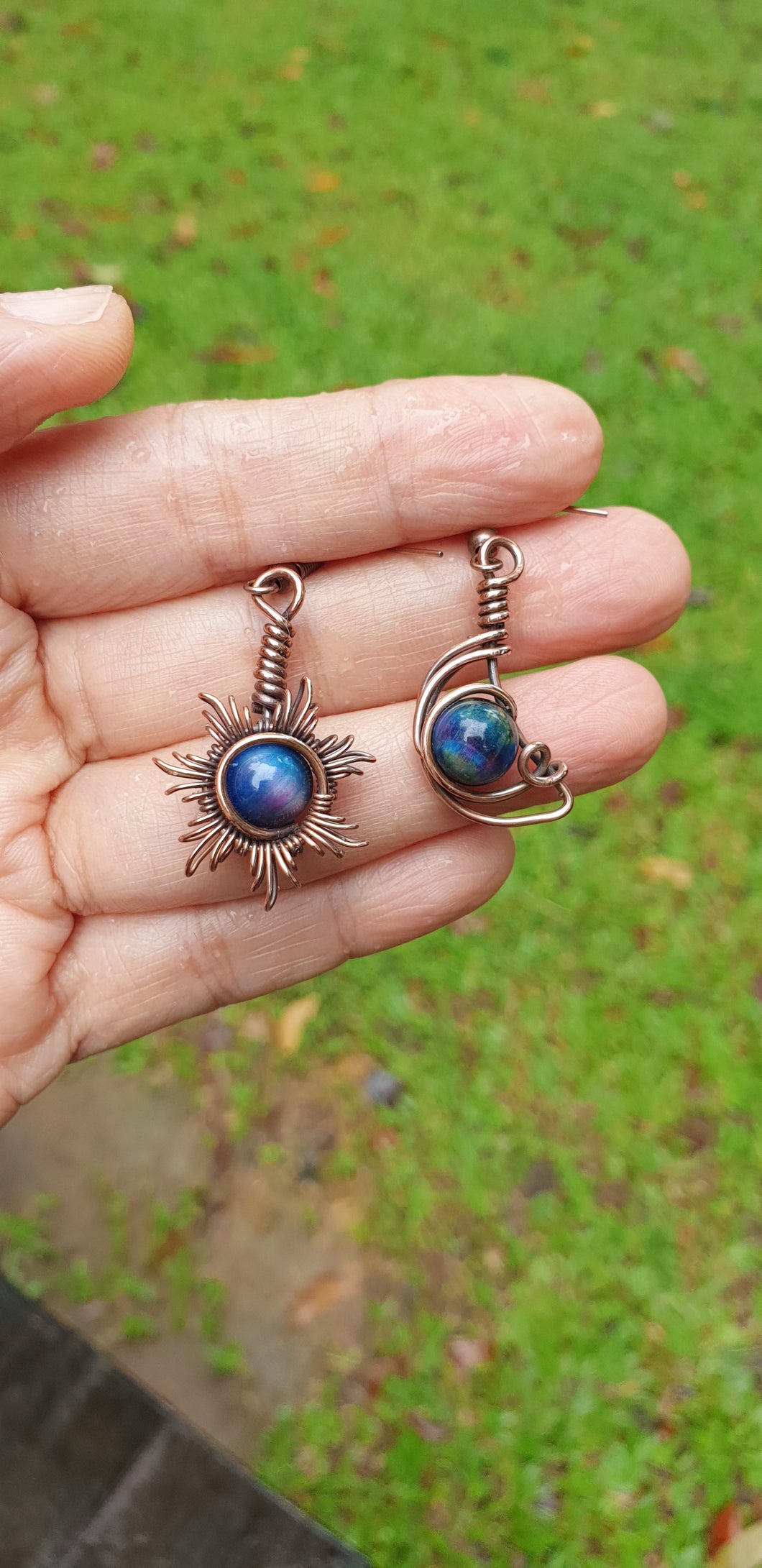 Sun and Moon Aurora Tiger Eye Wire Wrapped Dangling Earrings