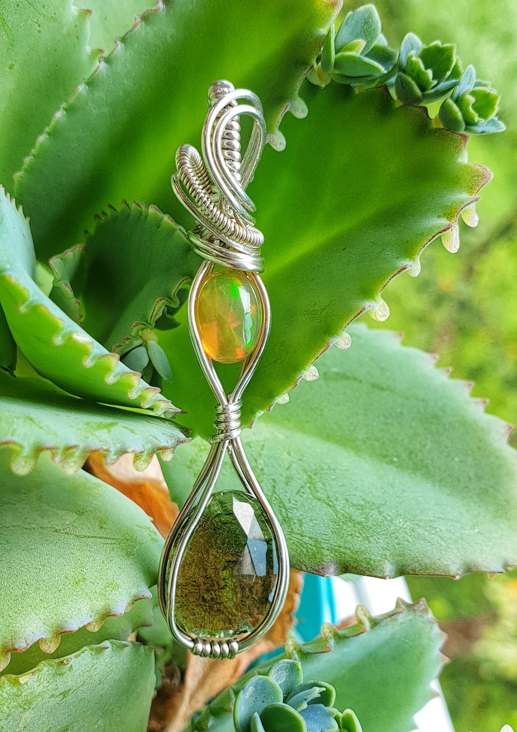 Moldavite and Opal Wire Wrapped Pendant in Sterling Silver