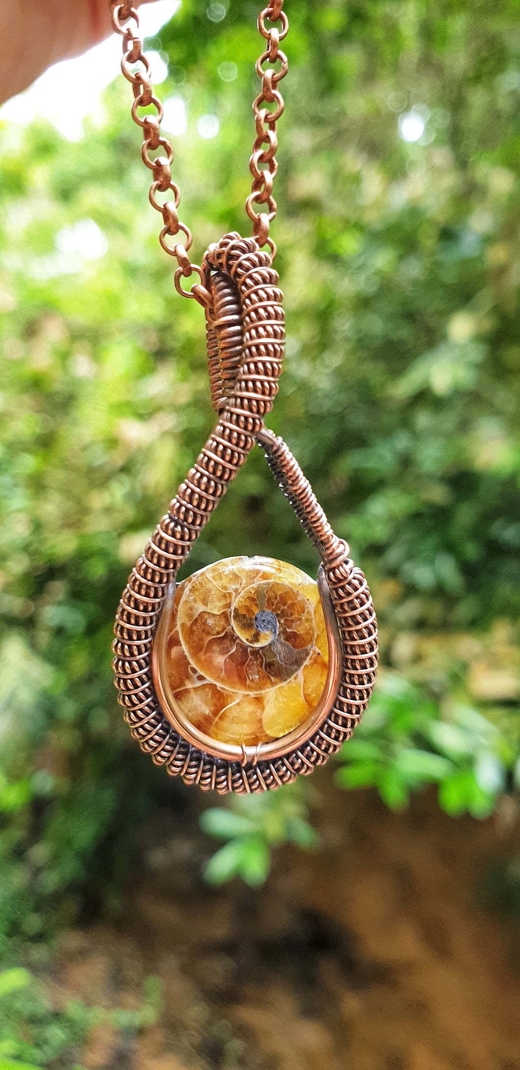 Ammonite Spiral Fossil Shell Pendant in Antiqued Copper Wire