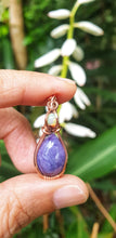Load image into Gallery viewer, Morado Opal Cabochon Gemstone Accented with a Small Round Ethiopian Opal at the Bail Wire Wrapped Pendant/Necklace
