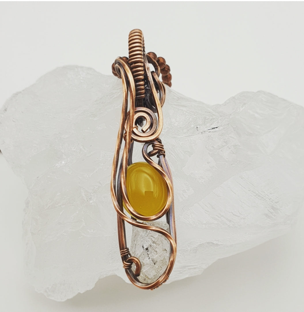 Herkimer Quartz Diamond with Yellow Chalcedony Wire Wrapped Pendant
