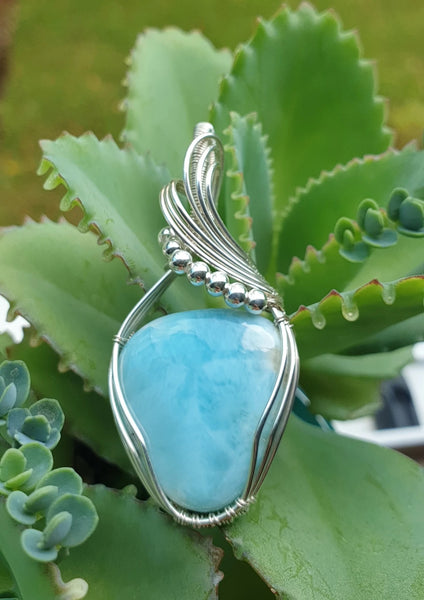 Sterling Silver Wire Wrapped Larimar Pendant With Sterling Silver Beads