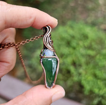 Load image into Gallery viewer, Green Jadeite Gemstone with a Round Moonstone Pendant Wrapped in Copper
