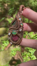 Load and play video in Gallery viewer, Ruby, Emerald and Welo Opal in Pure Copper Wire Wrap Pendant
