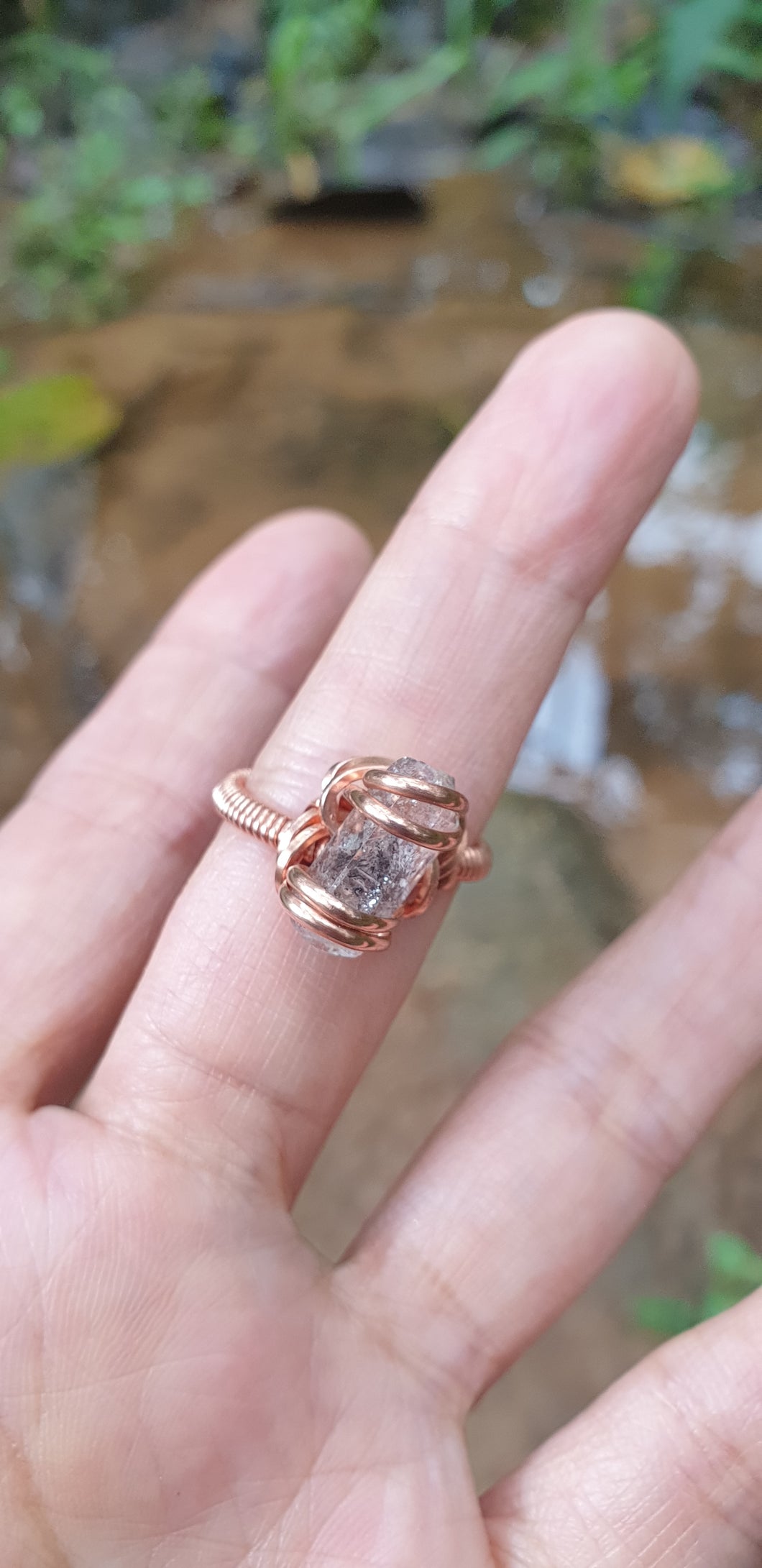 Herkimer Diamond Terminated Quartz Crystal Wire Wrapped Ring