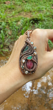 Load image into Gallery viewer, Ruby, Emerald and Welo Opal in Pure Copper Wire Wrap Pendant
