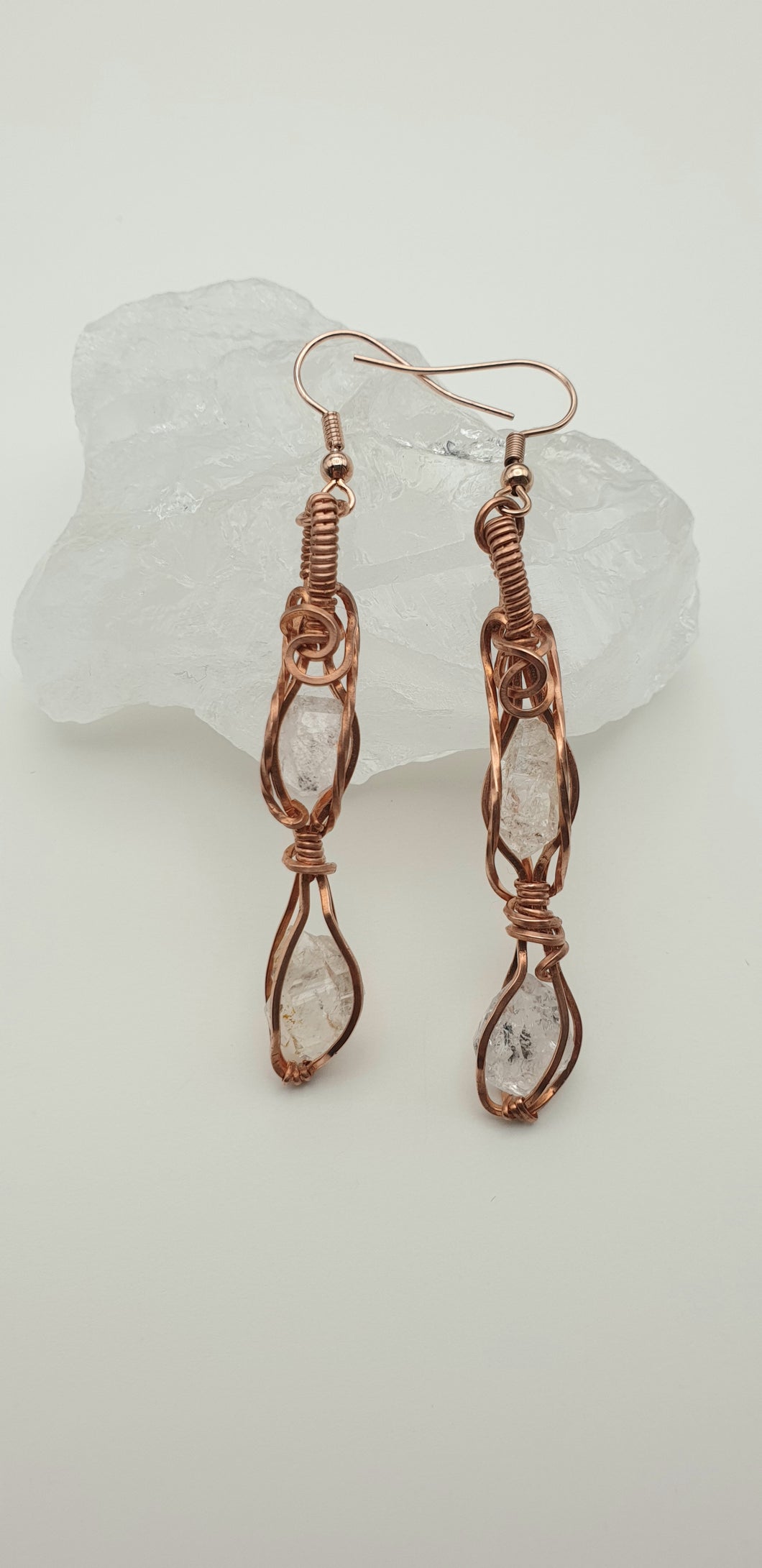 Herkimer Quartz Diamond Double Crystal Dangle Hook Wire Wrapped Earrings
