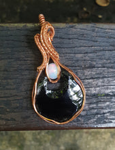 Load image into Gallery viewer, Black Obsidian Crescent Moon and Ethiopian Opal Copper Wire Pendant 🖤
