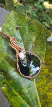 Load image into Gallery viewer, Black Obsidian Crescent Moon and Ethiopian Opal Copper Wire Pendant 🖤
