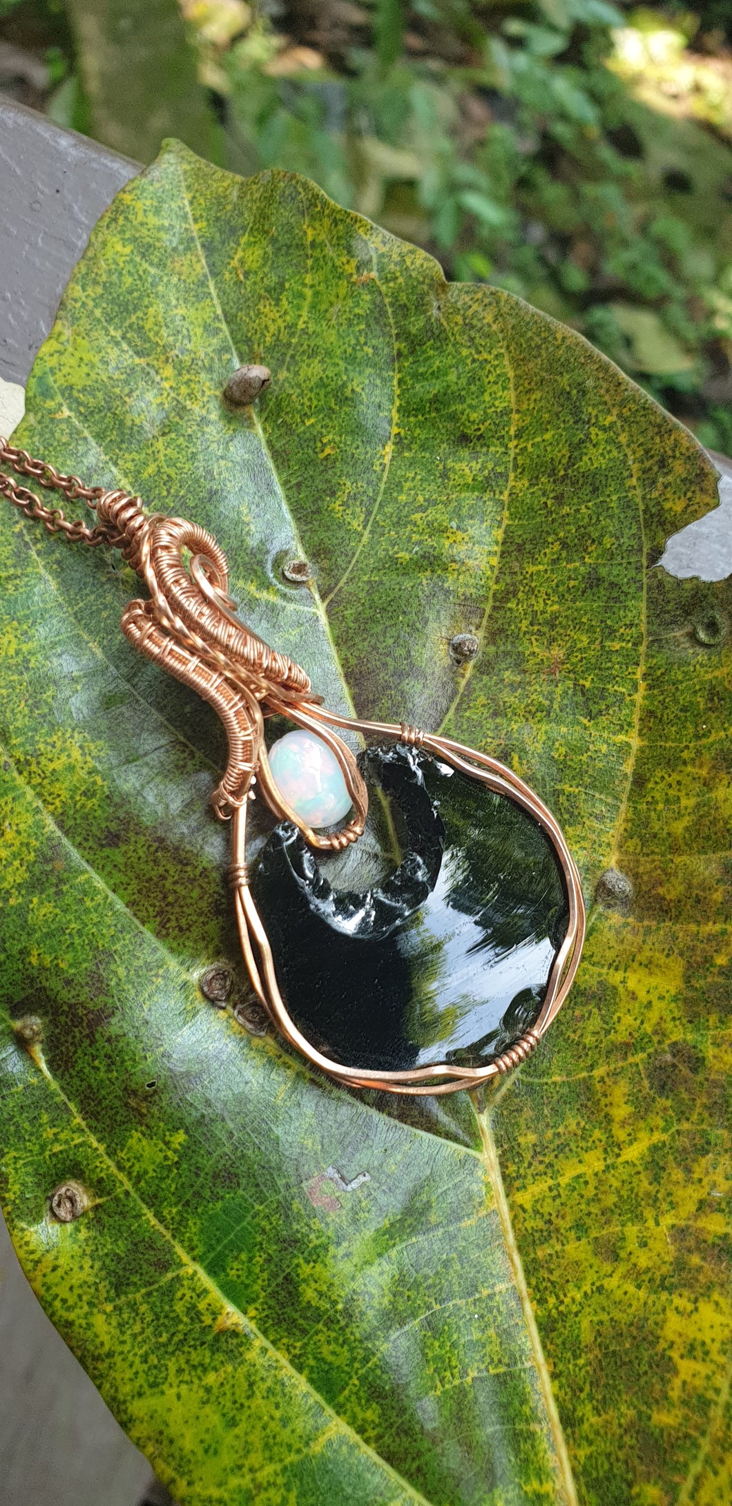 Black Obsidian Crescent Moon and Ethiopian Opal Copper Wire Pendant 🖤