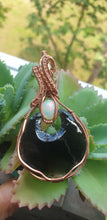 Load image into Gallery viewer, Black Obsidian Crescent Moon and Ethiopian Opal Copper Wire Pendant 🖤
