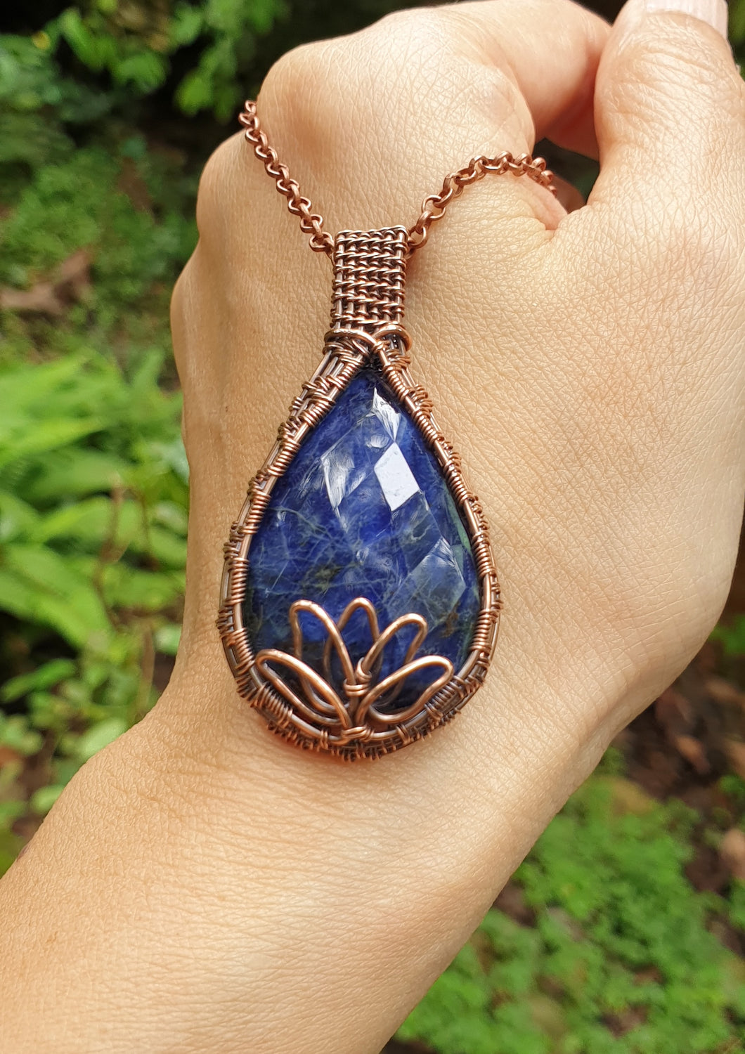 Pear-Shaped/Rose Cut Blue Sodalite Gemstone Wire Wrapped in Pure Copper Pendant/Necklace