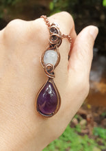 Load image into Gallery viewer, Wine Purple Amethyst and an Adularescent Moonstone Wire Wrapped Pendant
