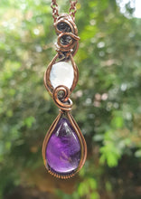 Load image into Gallery viewer, Wine Purple Amethyst and an Adularescent Moonstone Wire Wrapped Pendant

