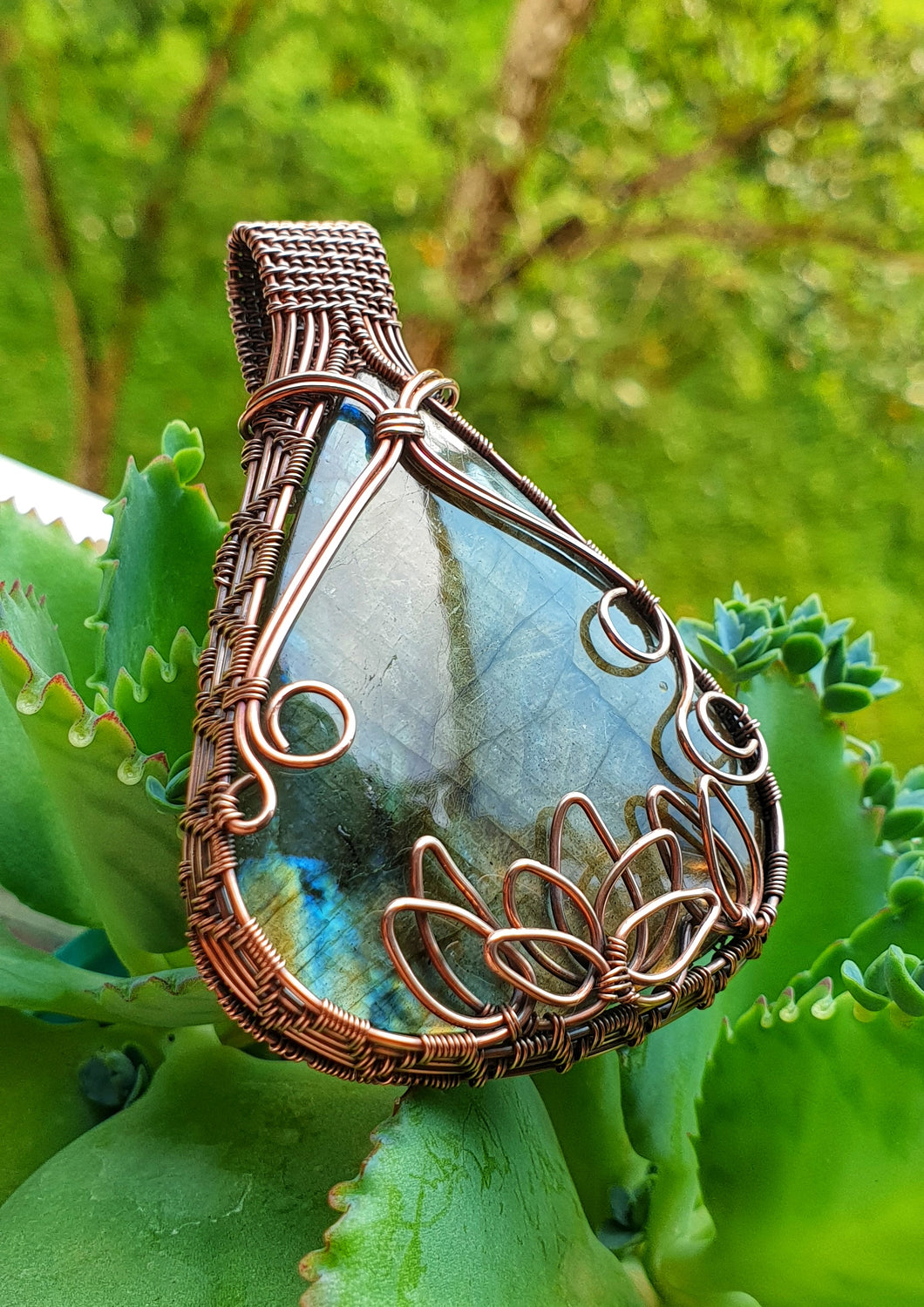 Blue and Golden Fire Labradorite Pear Shape Wire Wrapped Statement Pendant