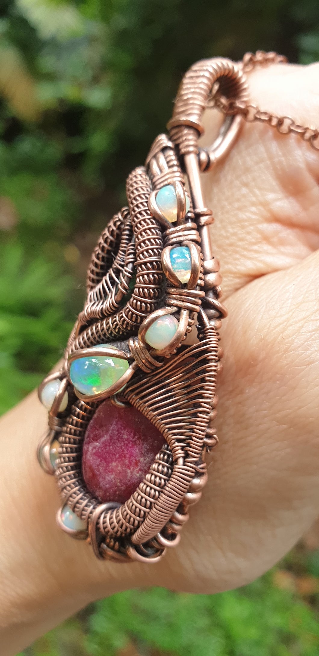Ruby, Emerald and Welo Opal in Pure Copper Wire Wrap Pendant
