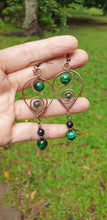 Load image into Gallery viewer, Dangling Green Tiger Eye Earrings in Hearts and Swirls
