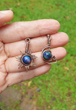 Load image into Gallery viewer, Sun and Moon Aurora Tiger Eye Wire Wrapped Dangling Earrings
