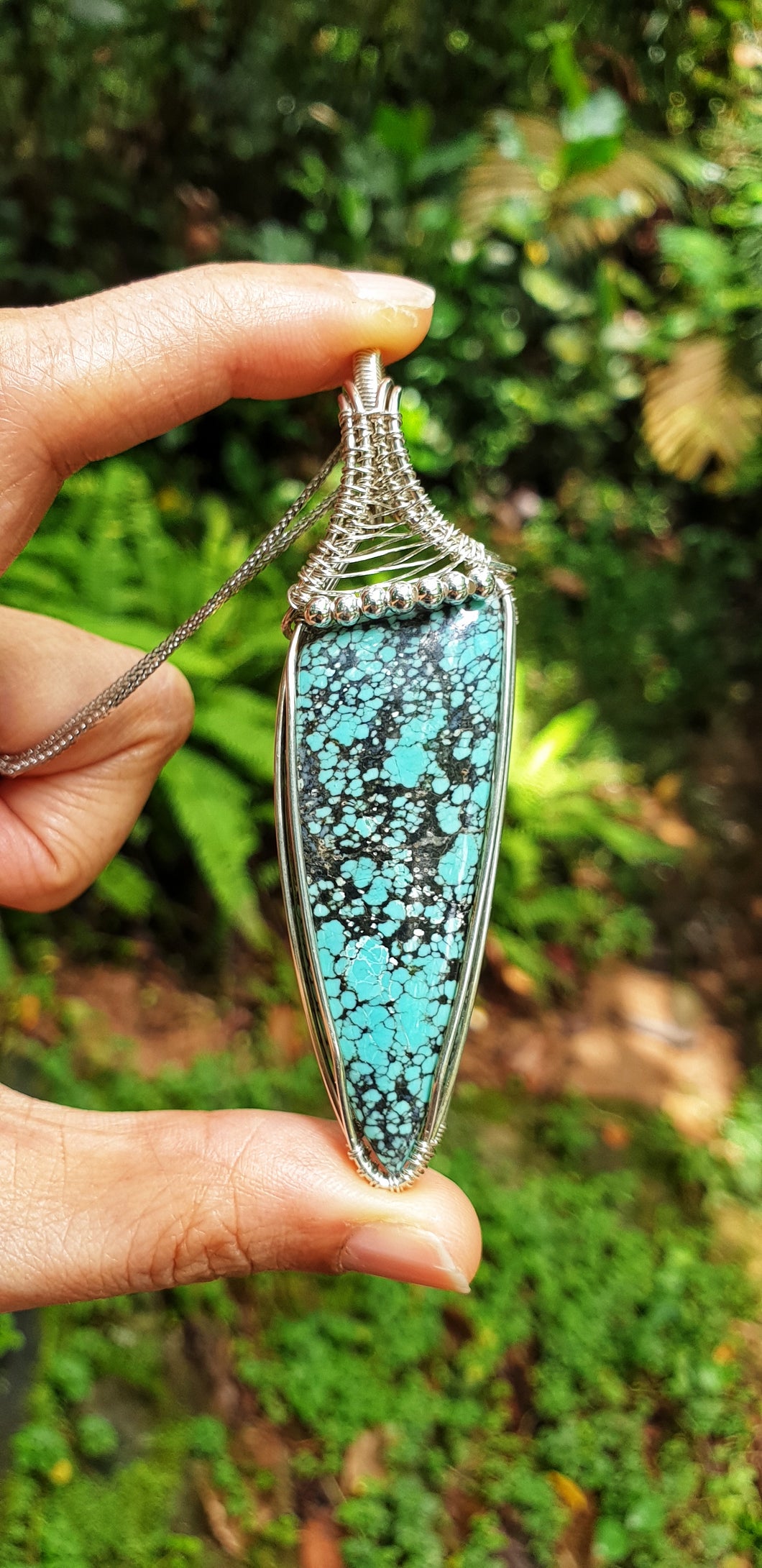 Hubei Turquoise in Sterling Silver Wire Wrapped Pendant