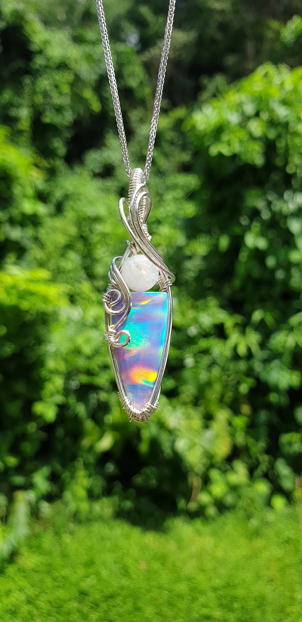 Aurora Opal Pendant Accented with a Flashy Moonstone Wirewrapped in Sterling Silver Jewellery