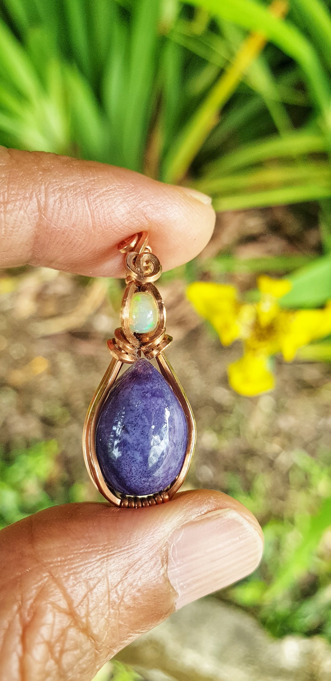 Morado Opal Cabochon Gemstone Accented with a Small Round Ethiopian Opal at the Bail Wire Wrapped Pendant/Necklace