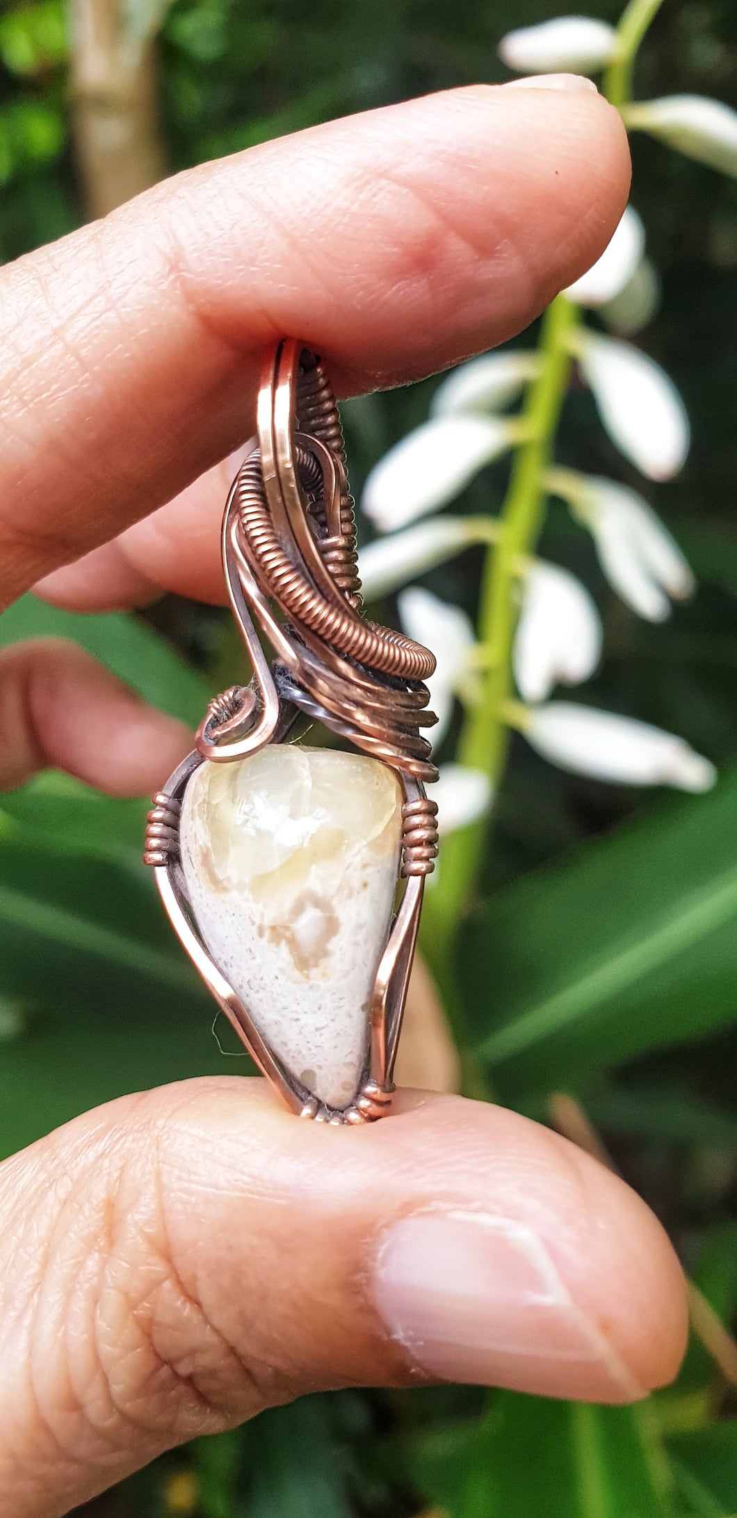 Natural Milky White Matrix Mexican Opal Wire Wrapped Pendant