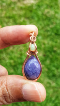 Load image into Gallery viewer, Morado Opal Cabochon Gemstone Accented with a Small Round Ethiopian Opal at the Bail Wire Wrapped Pendant/Necklace
