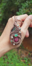 Load and play video in Gallery viewer, Ruby, Emerald and Welo Opal in Pure Copper Wire Wrap Pendant
