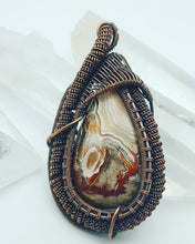 Load image into Gallery viewer, Copper Swirl Wire Weave Teardrop Crazy Lace Agate Pendant
