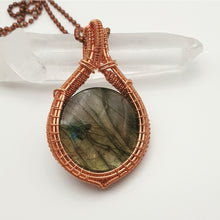 Load image into Gallery viewer, Gray Iridescent Round Cabochon Labradorite Wire Wrapped Amulet Pendant
