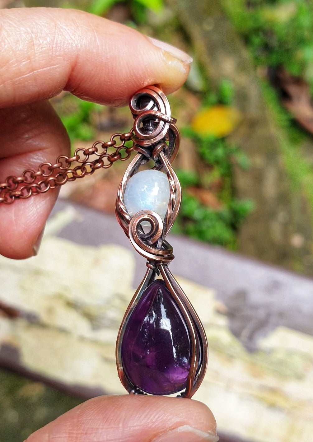 Wine Purple Amethyst and an Adularescent Moonstone Wire Wrapped Pendant