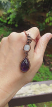 Load and play video in Gallery viewer, Wine Purple Amethyst and an Adularescent Moonstone Wire Wrapped Pendant
